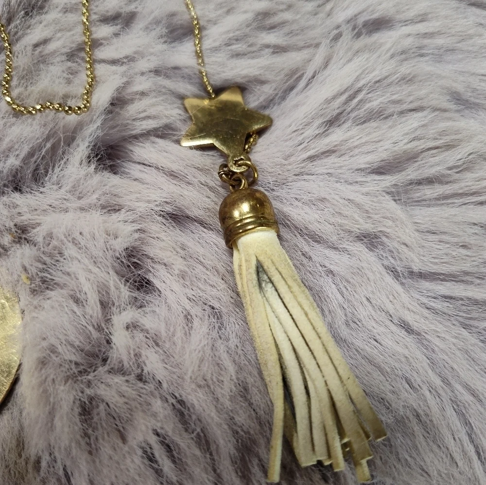 Medallion Enamel Pendant Star Rhinestones Cream Tassel Bookmark